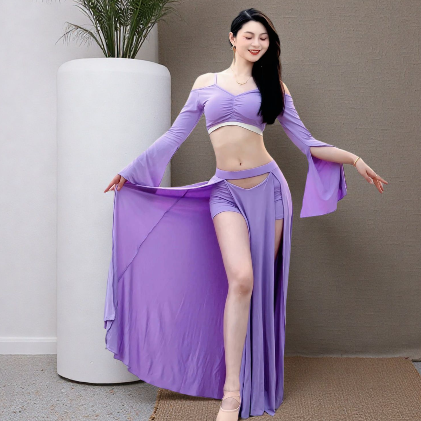 肚皮舞服装2025春夏新款莫代尔喇叭袖双开叉长裙练功服团服套装女