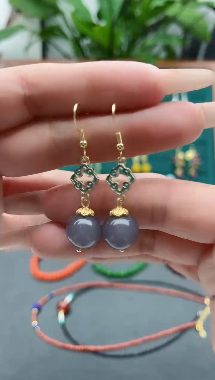 【闪购商品】玛瑙/玉髓耳饰银S925镀金镶嵌8801灰