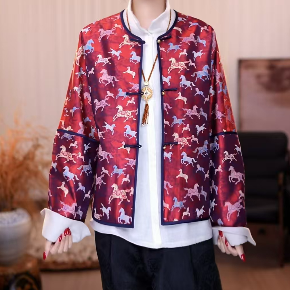 『汐骏』 100%桑蚕丝新中式复古显瘦宽松休闲时尚百搭气质上衣外套