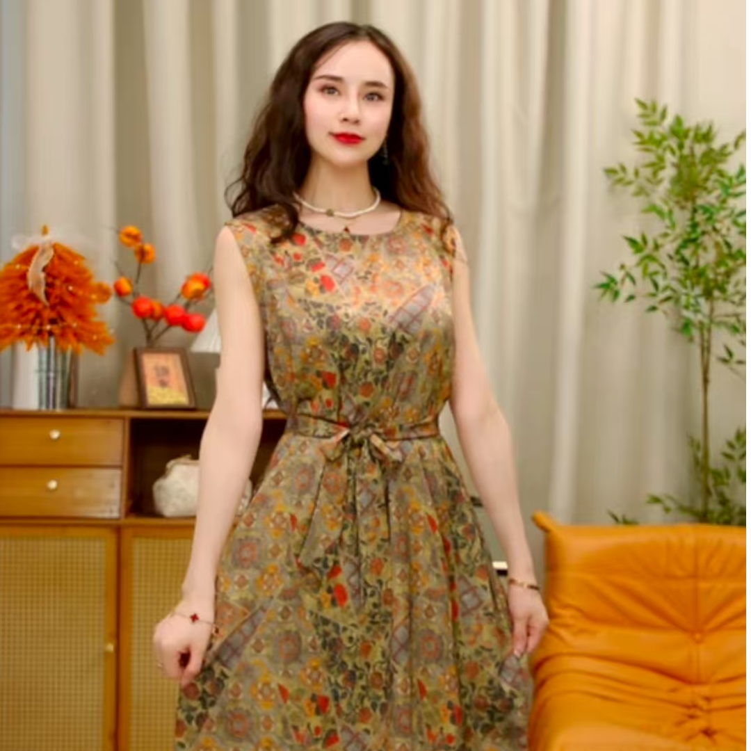 [芳草】新中式气质时尚显瘦无袖连衣裙  提花设计感连衣裙2025新款