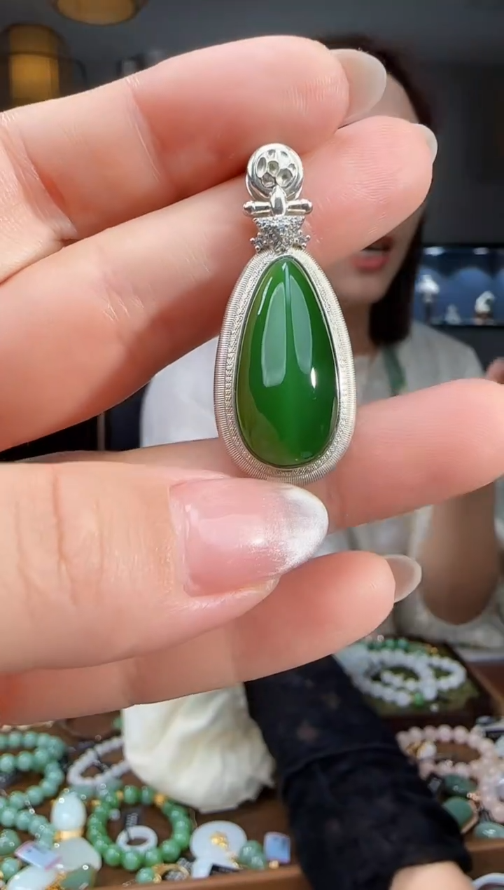 和田玉银S925镶嵌吊坠(不含链)1