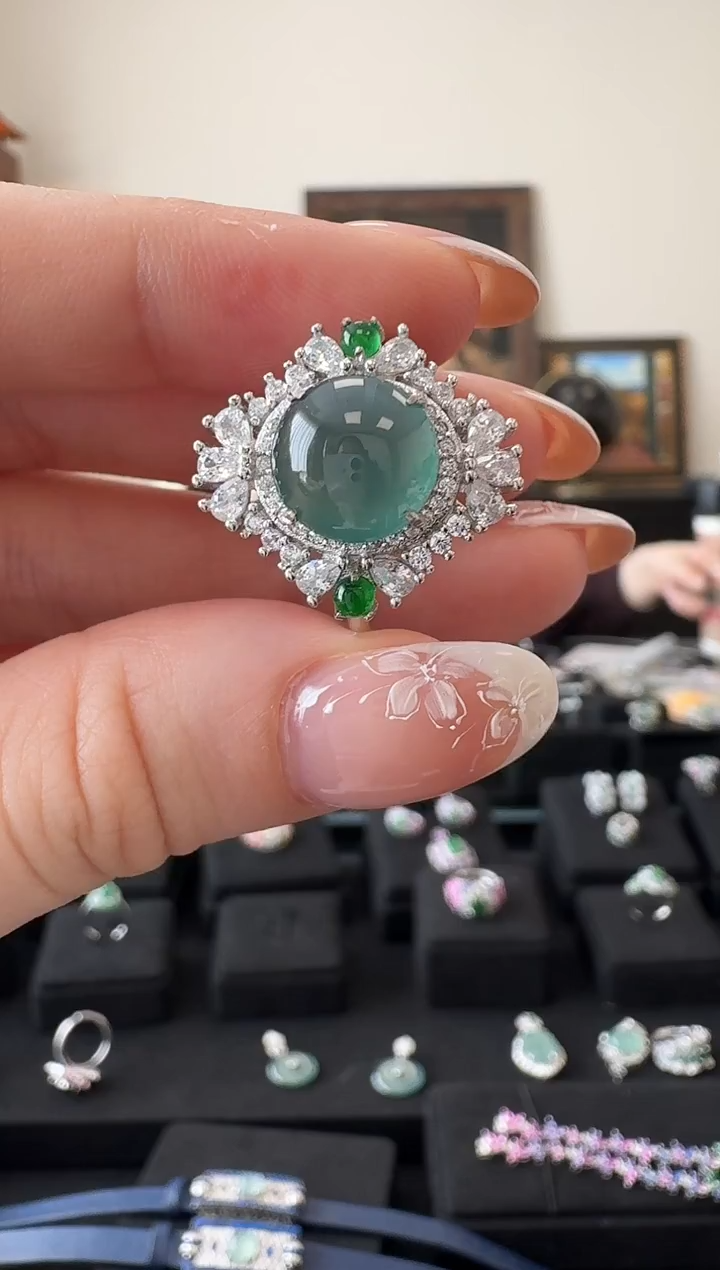 银S925镶嵌戒指翡翠戒指 