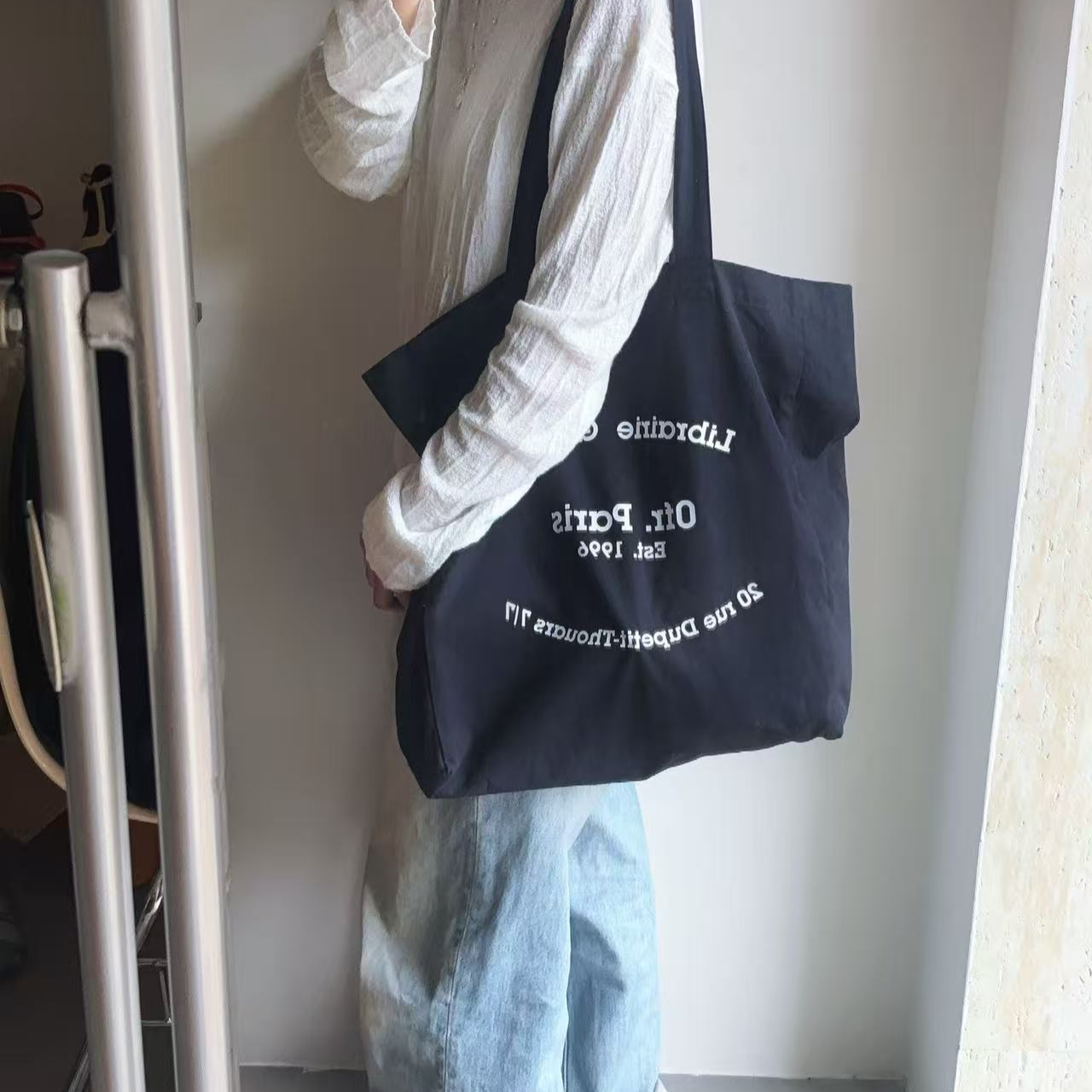 【韩版ins字母松弛感大棉布袋】藏青色简约百搭大容量 B002