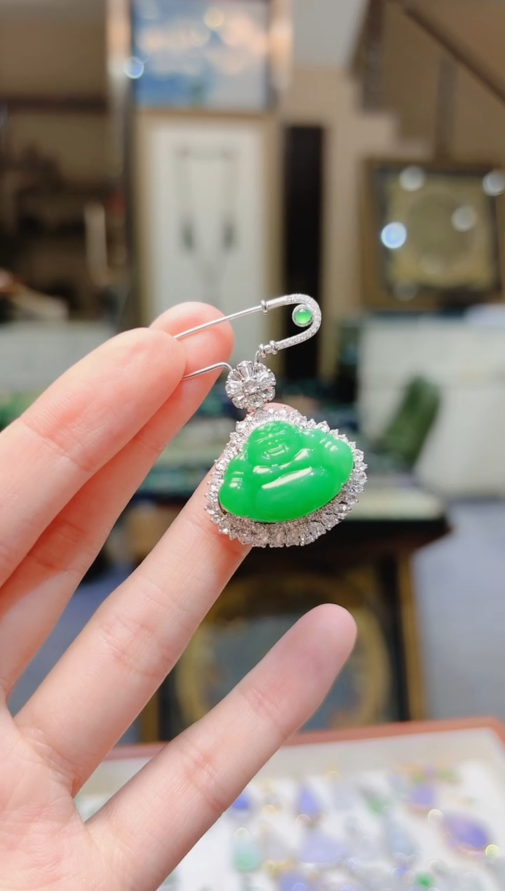 【闪购商品】翡翠胸针18K金镶嵌绿翡翠佛公项坠胸针Z