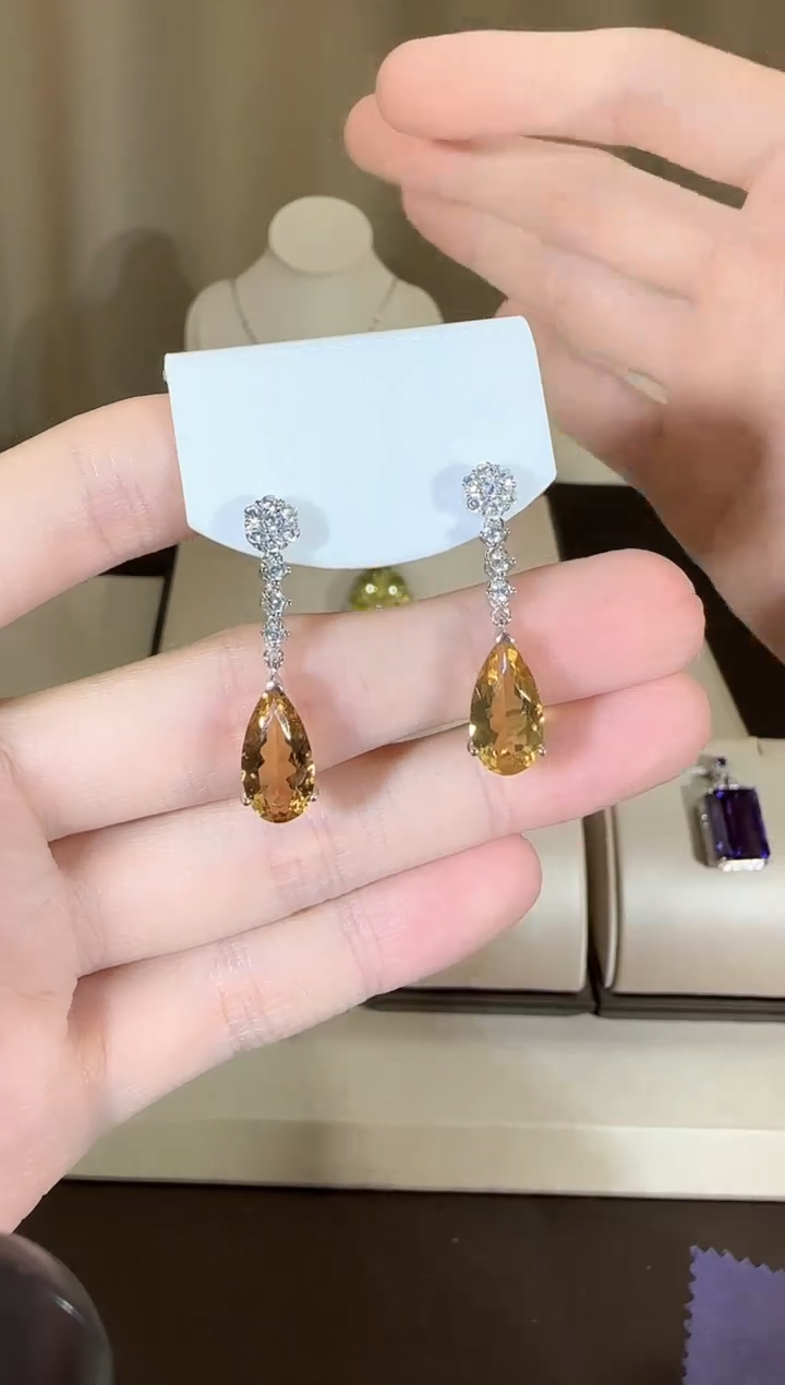 【闪购商品】黄晶耳饰银S925镶嵌8*14mm耳坠