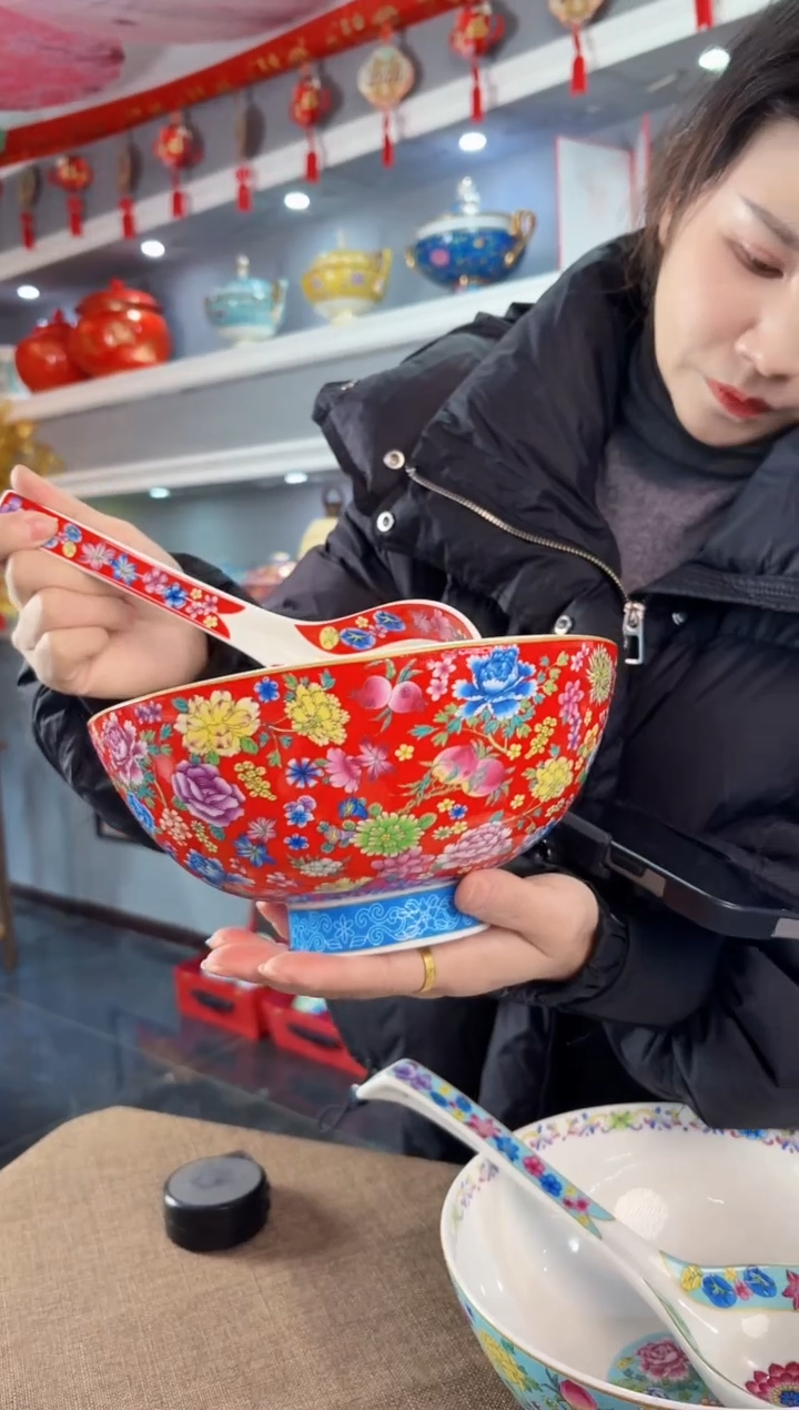 珐琅  8英寸大汤碗一只大汤勺一只景德镇陶瓷