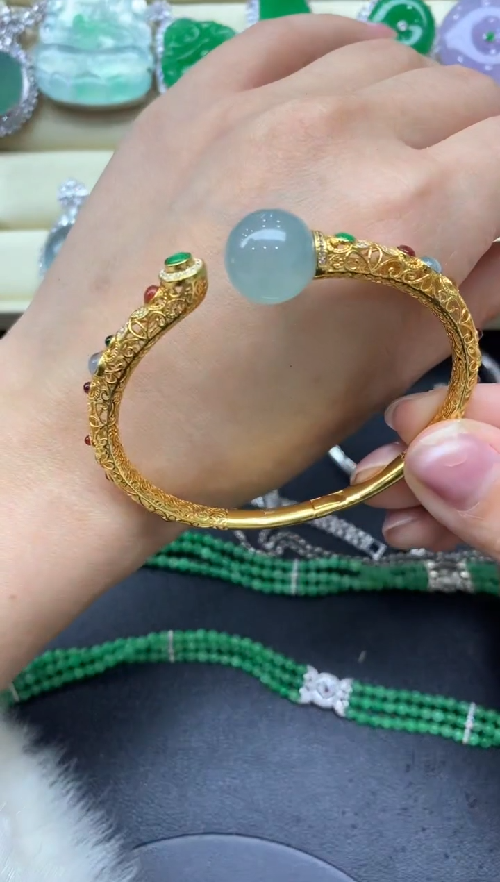 【闪购商品】翡翠手镯18K金镶嵌551-中国好珍宝