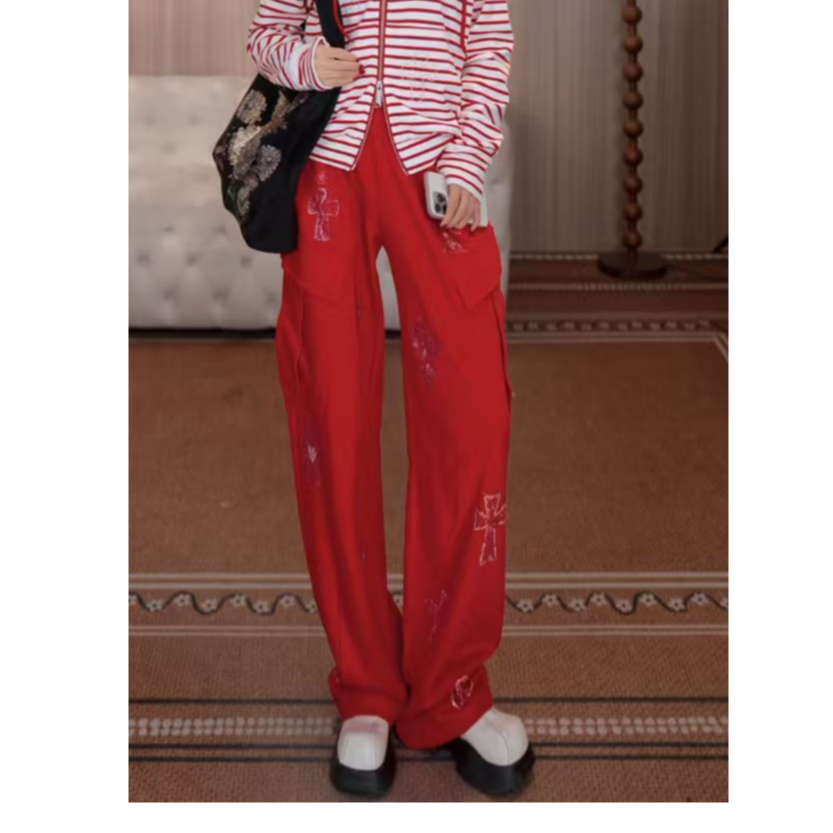 TCH私服秋款慵懒风烫钻时尚淑女红色长裤女T75C20E1126轻奢tch