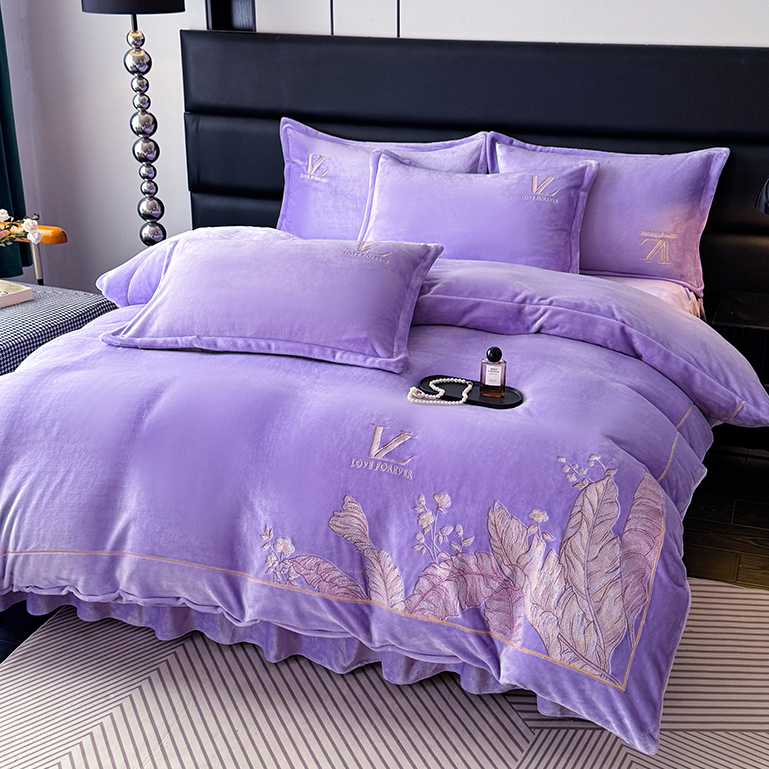 【家大业大】紫绣花加厚蚕宝宝绒四件套刺绣牛奶绒被套大床单枕套