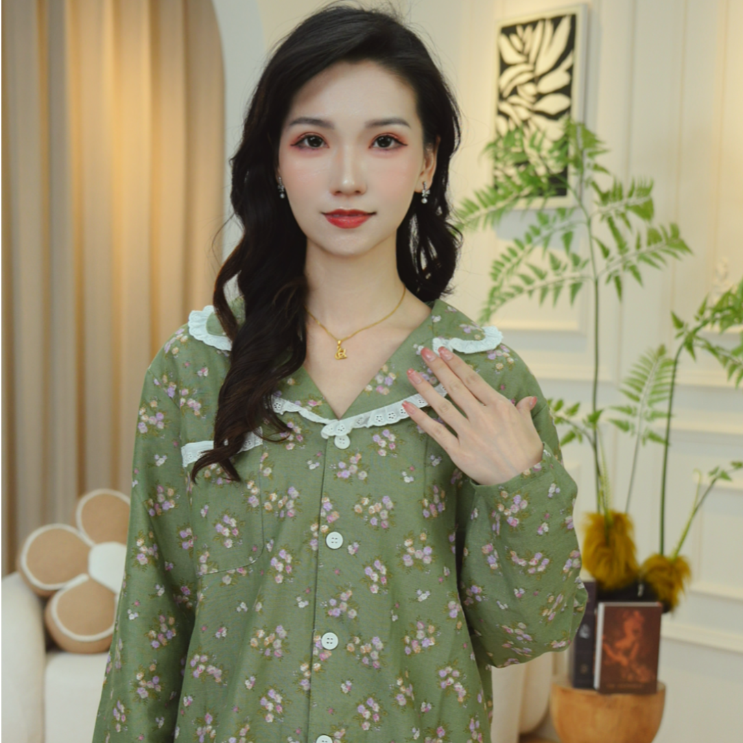 【珠珠】长裤女长袖西装领睡衣家居服套装碎花小清新印花上衣AYR