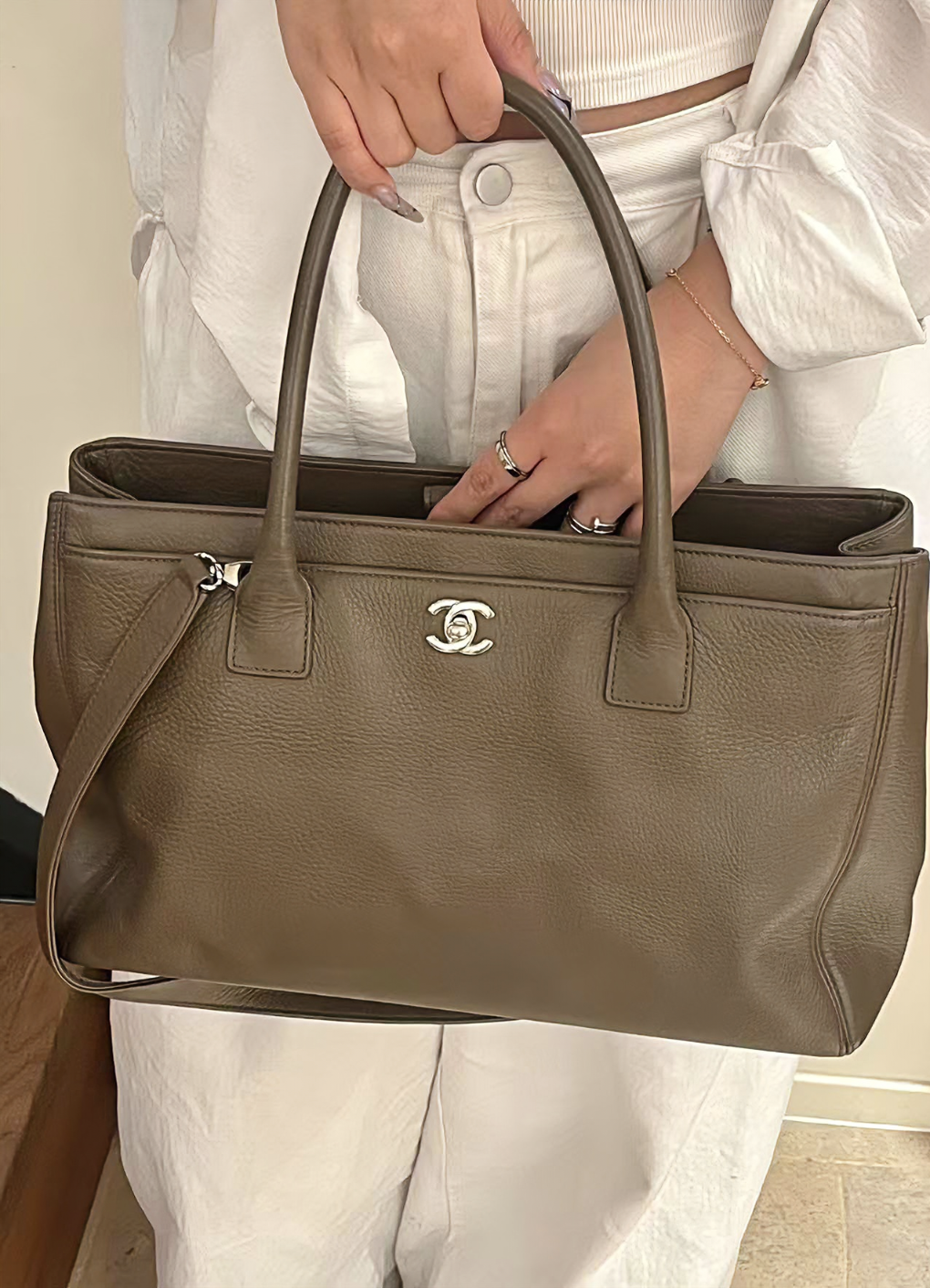 95新 Chanel/香奈儿 棕银cerf中号手提公文托特包 底长36 17开