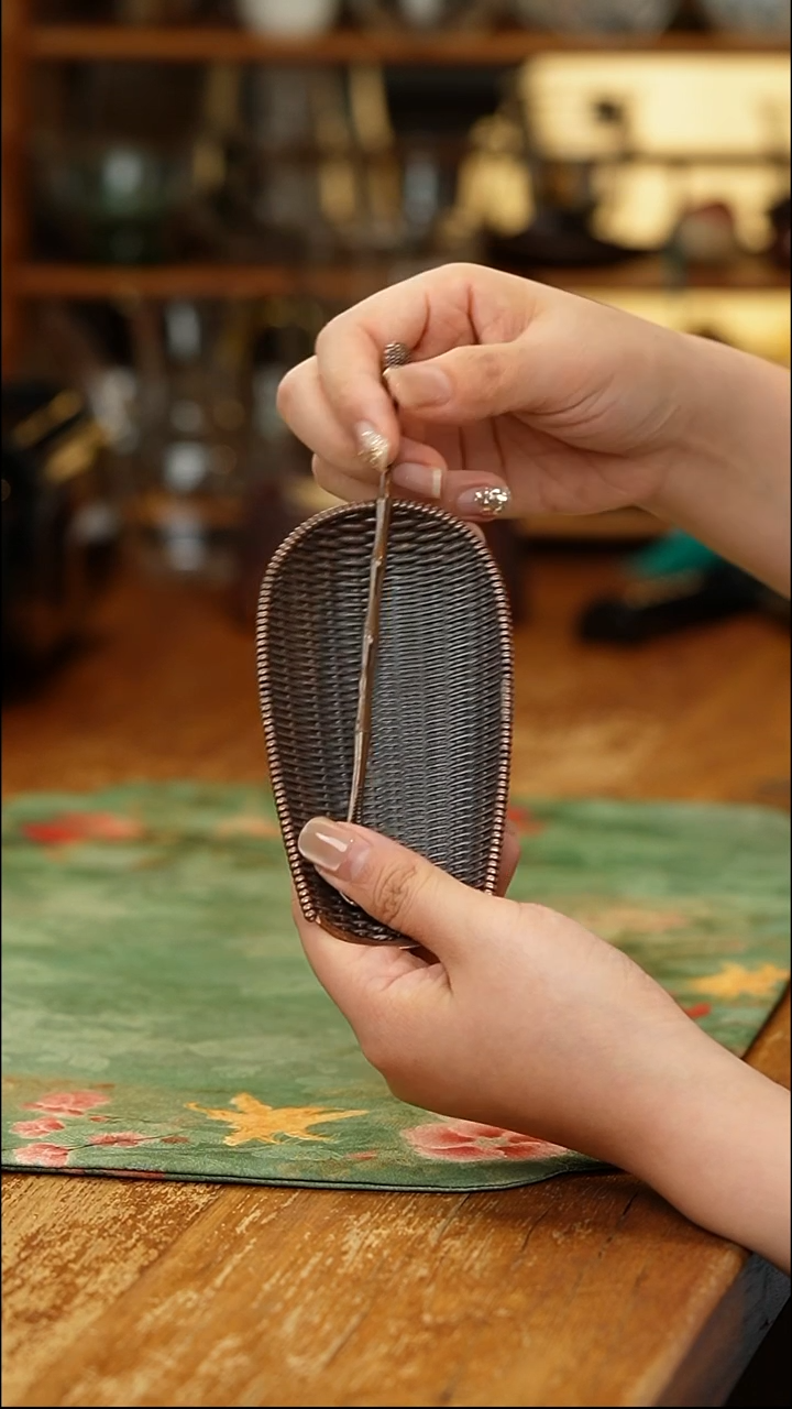 簸箕茶则/竹编纹古铜色/茶学入门器具