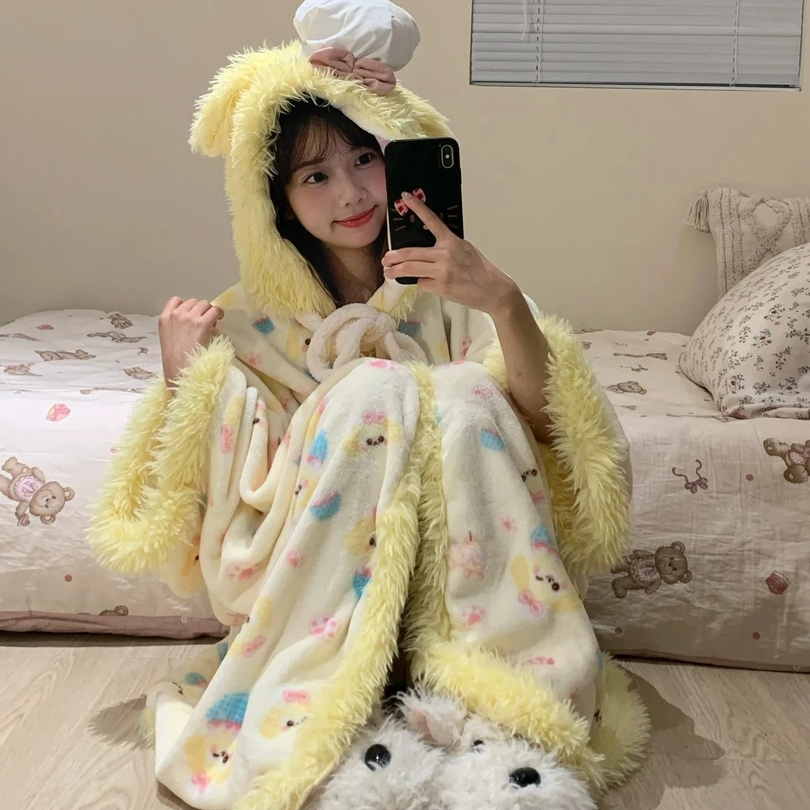 可爱少女厨师狗饼饼珊瑚绒保暖睡袍秋冬季加绒加厚睡衣女斗篷套装