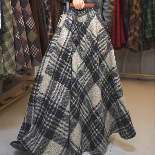 【慧】308大摆毛呢高腰格子复古百搭中长裙半身裙女2025秋冬新款