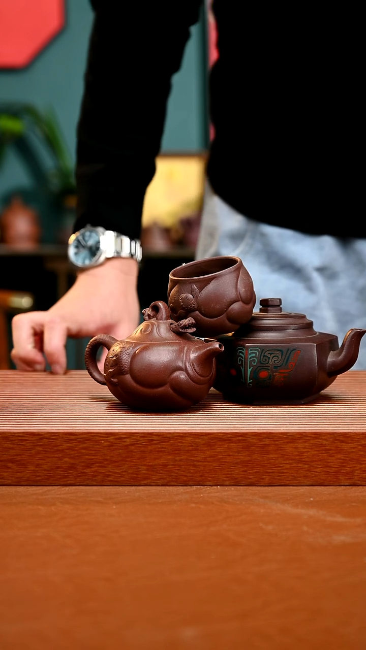 茶壶紫砂精工鱼化龙+杯子六方422