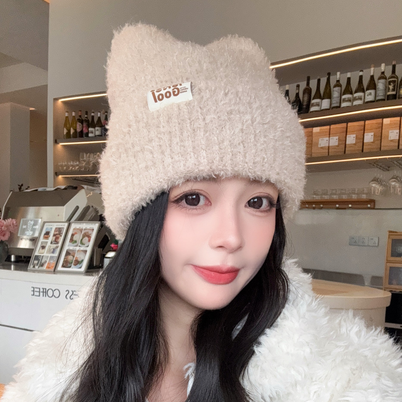 小熊毛绒针织帽子女秋冬韩版甜美可爱护耳帽显脸小百搭保暖毛线帽