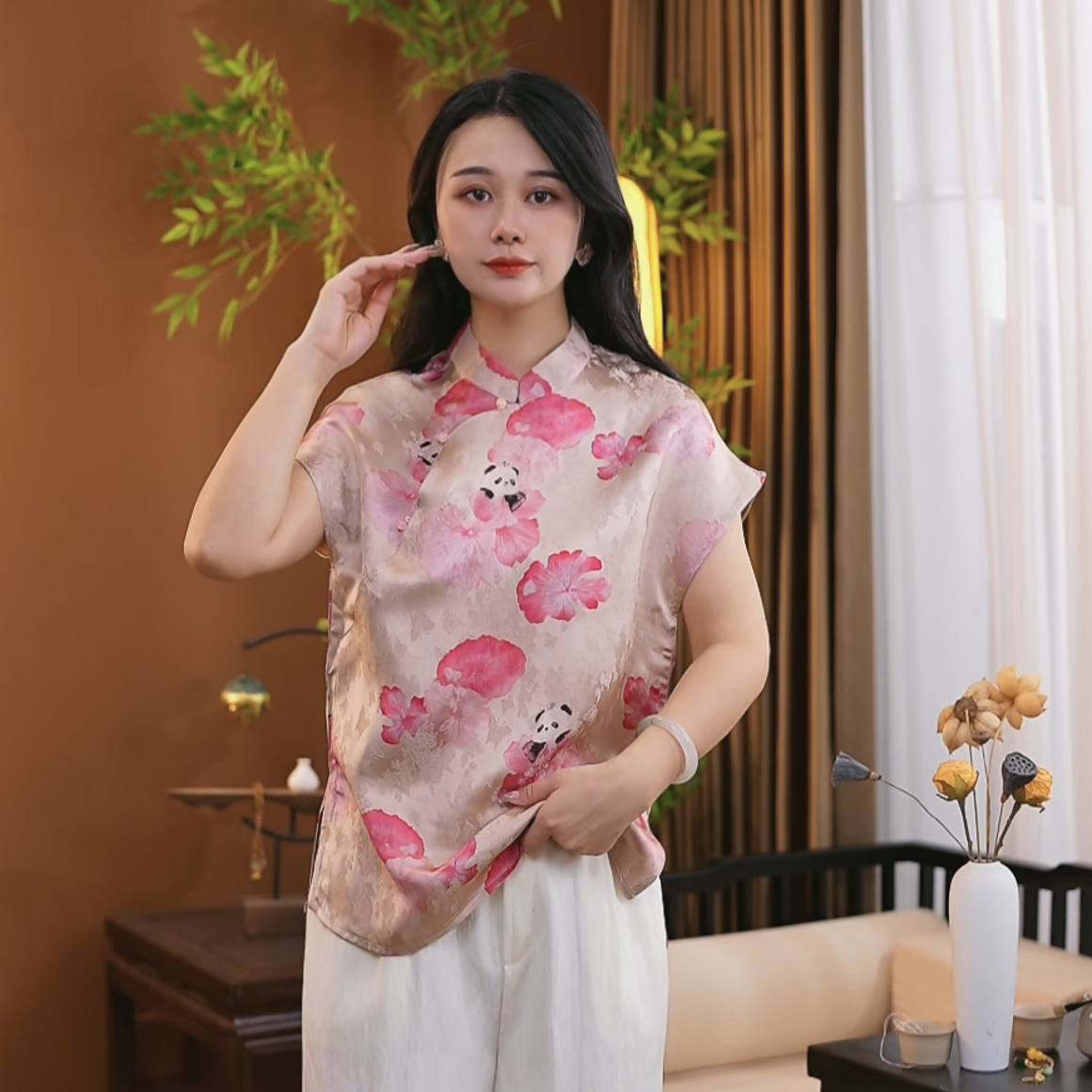 夏季新中式桑蚕丝盘扣立领短袖提花时尚中国风百搭气质短袖女S262