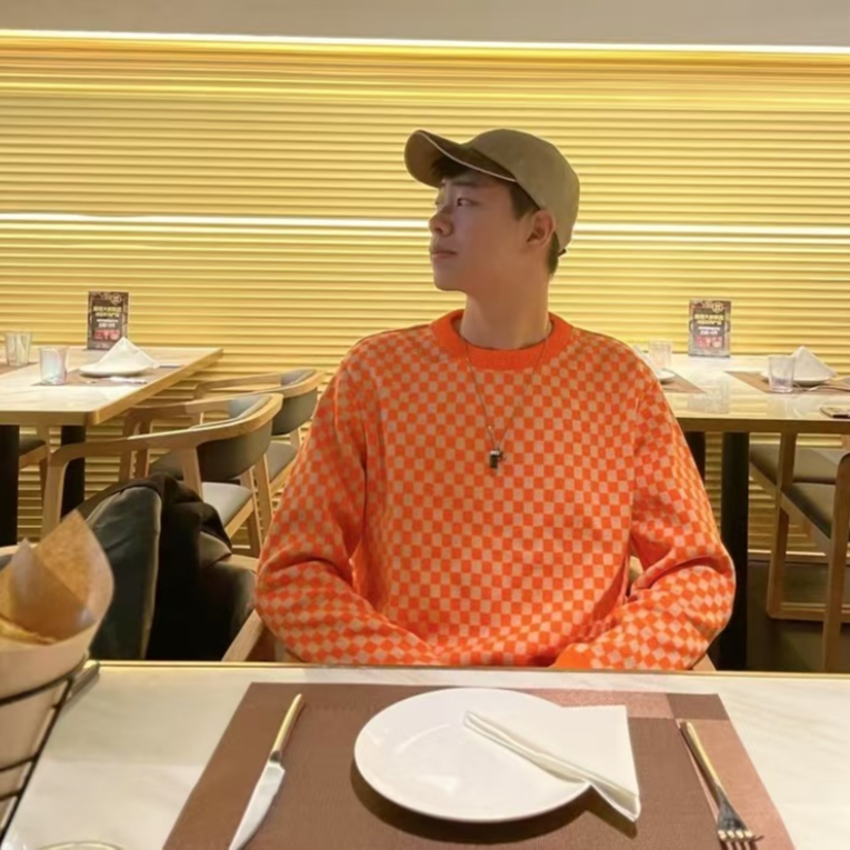 99新 LouisVuitton/路易威登 Q13758 橙色棋盘格满印长袖卫衣 L