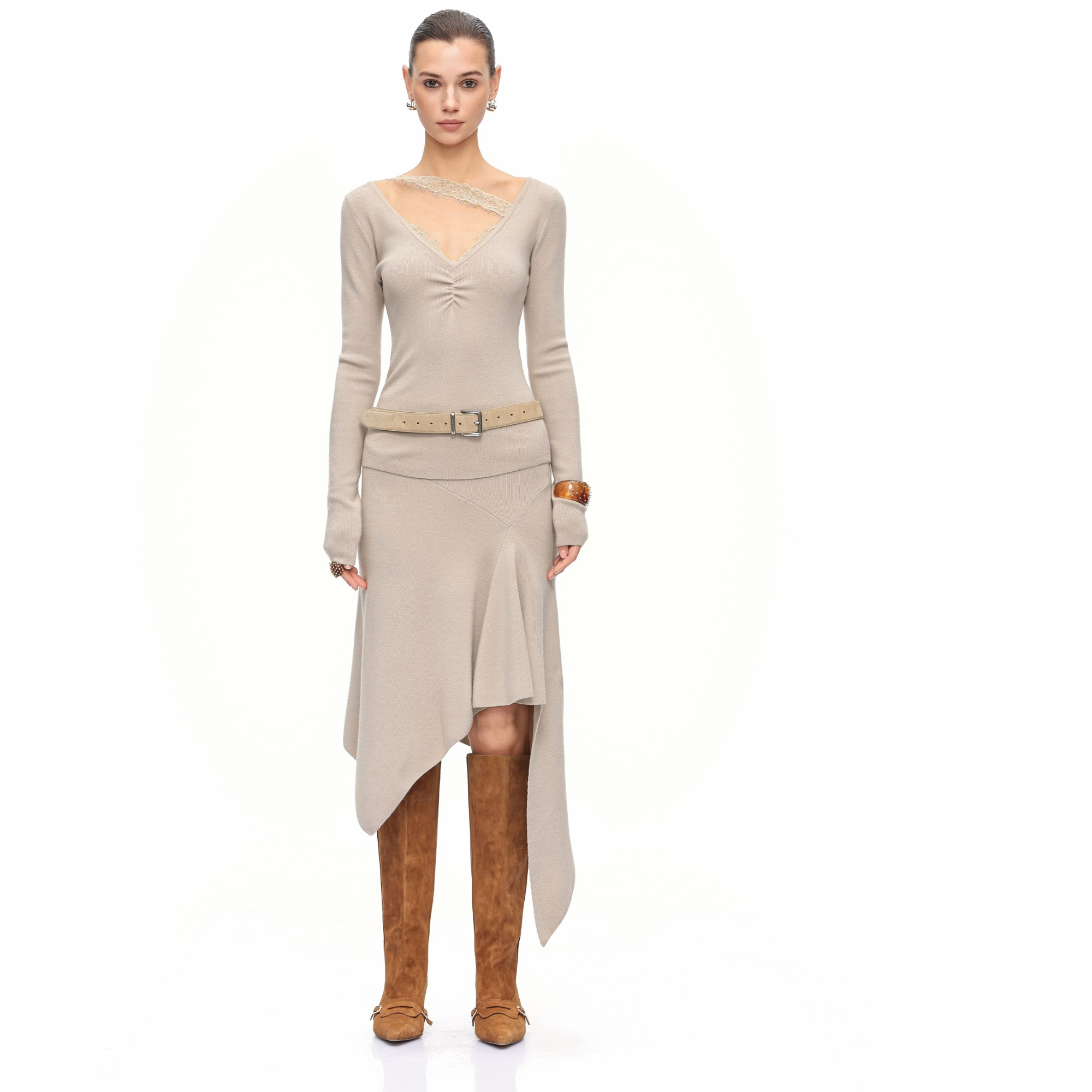 CNLEEWEI 25秋季新款 深V拼接蕾丝毛织上衣