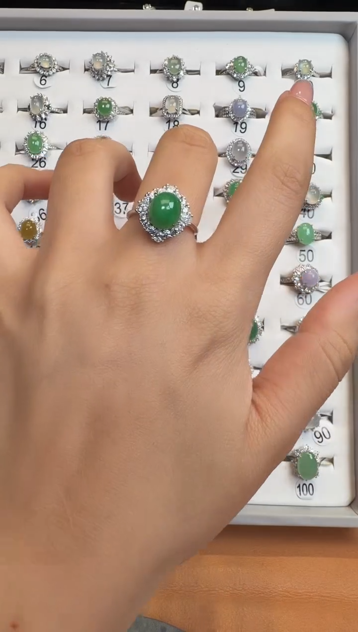 银S925镶嵌戒指翡翠925银镶A货翡翠戒指60