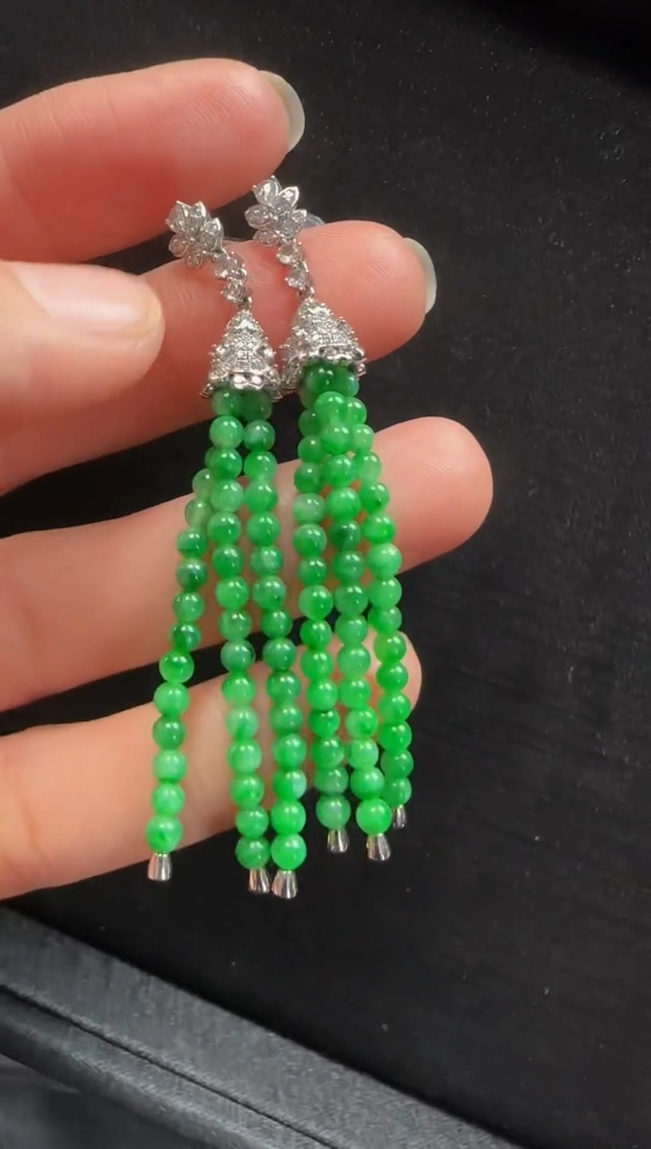 【闪购商品】翡翠耳环18K金镶嵌426流苏一对