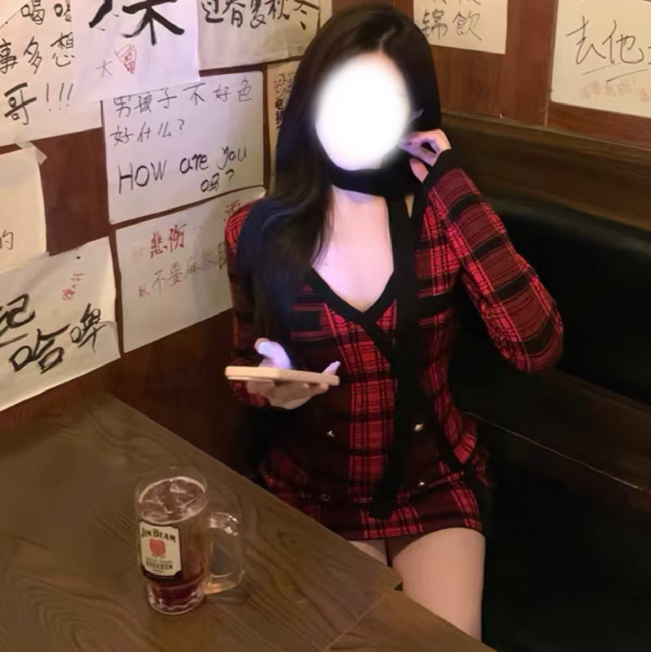 胖鹅张~复古v领格纹撞色包臀针织连衣短裙上衣#0033