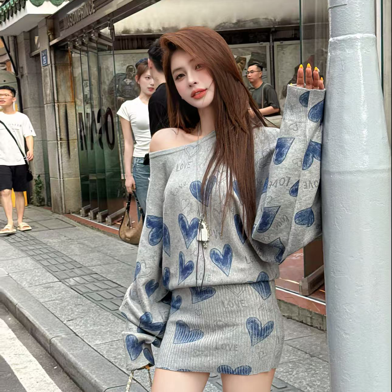 【十一家】原创【灰蓝心叙】慵懒风爱心提花针织连衣裙新款短裙m92701