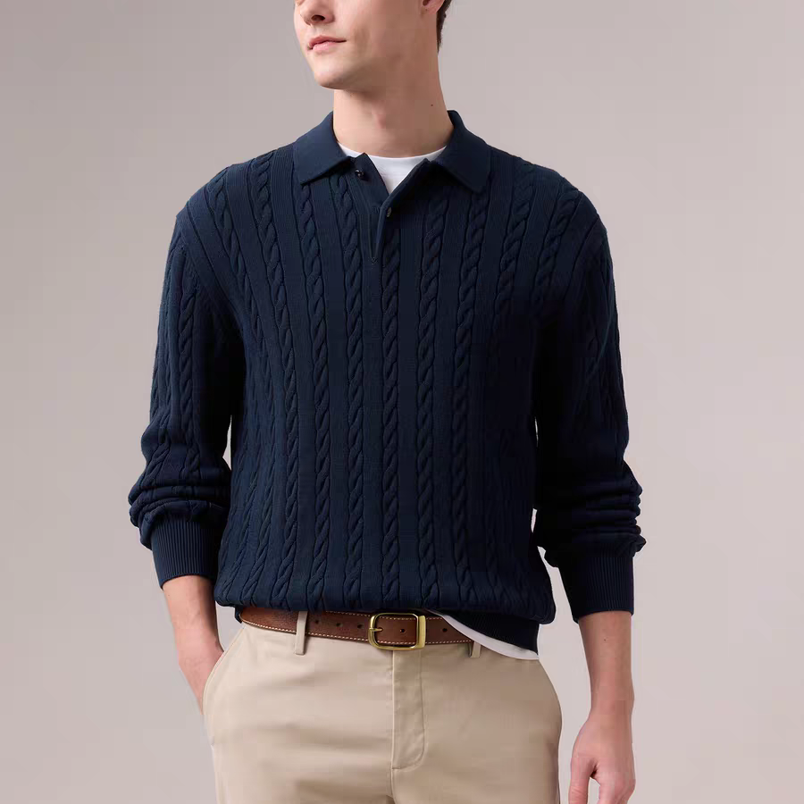 SC26015秋季男士休闲纯棉翻领两粒扣绞花长袖针织衫