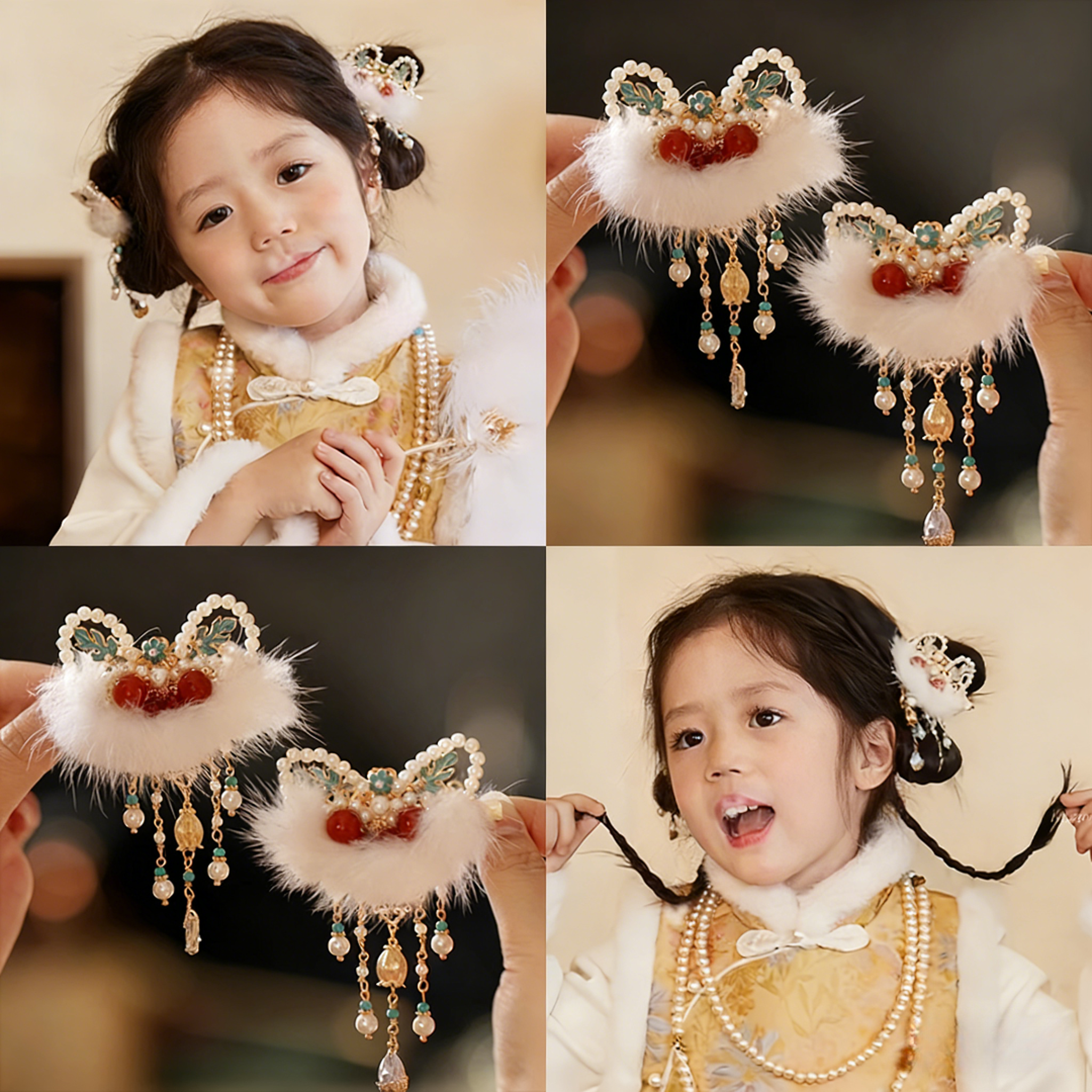 儿童新年醒狮流苏蝴蝶结发夹女童前额侧边刘海夹女童古风汉服发饰