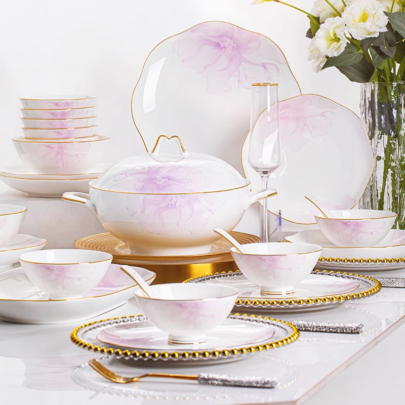 景德镇正品高温骨瓷碗盘餐具全套2025新款高档轻奢粉色家用一套