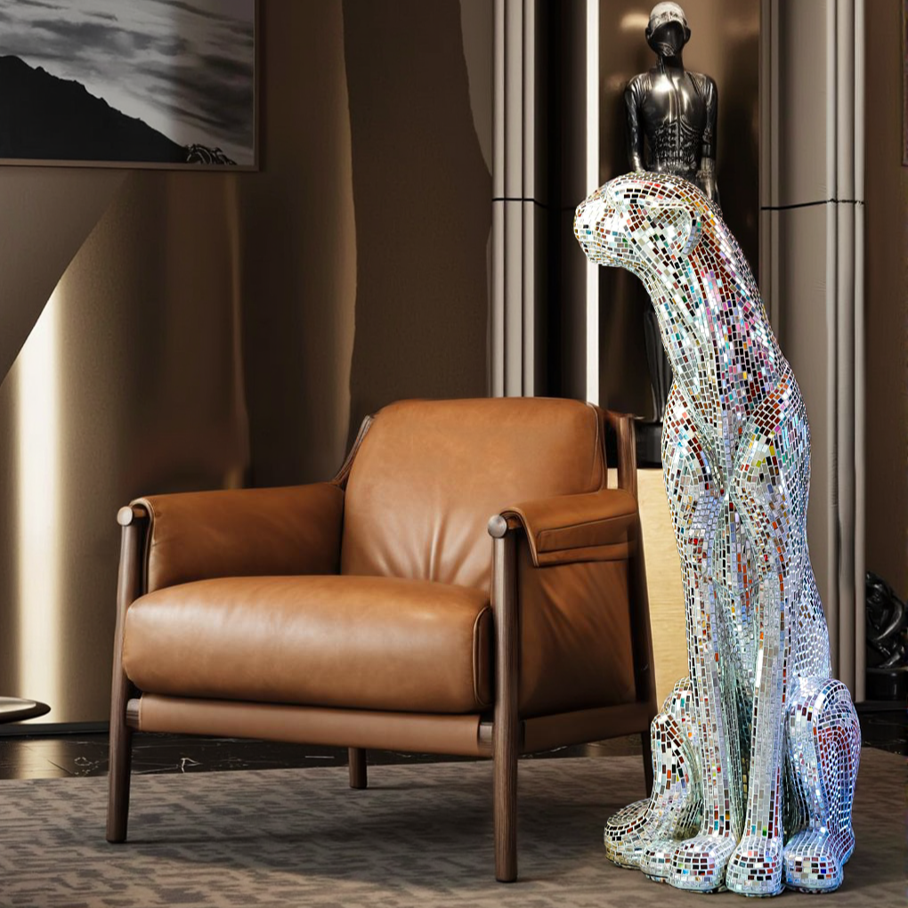 【本尼家】马赛克手工贴片大号银色豹子庭院装饰客厅落地摆件