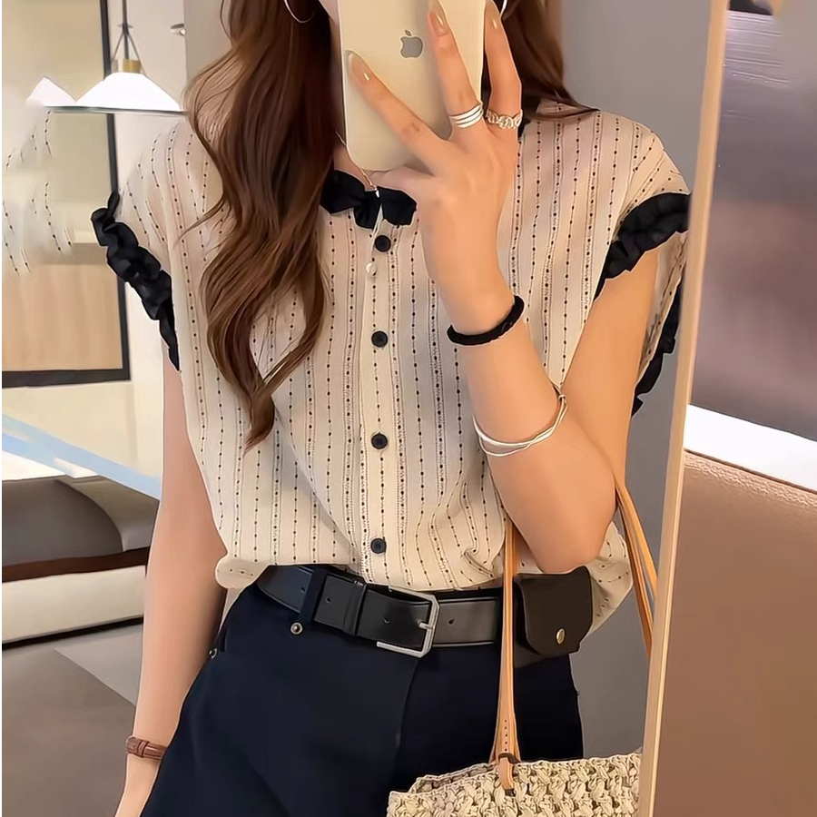 欧版宽松显瘦无袖薄款女2025夏季新款设计感花边袖印花条纹小衫