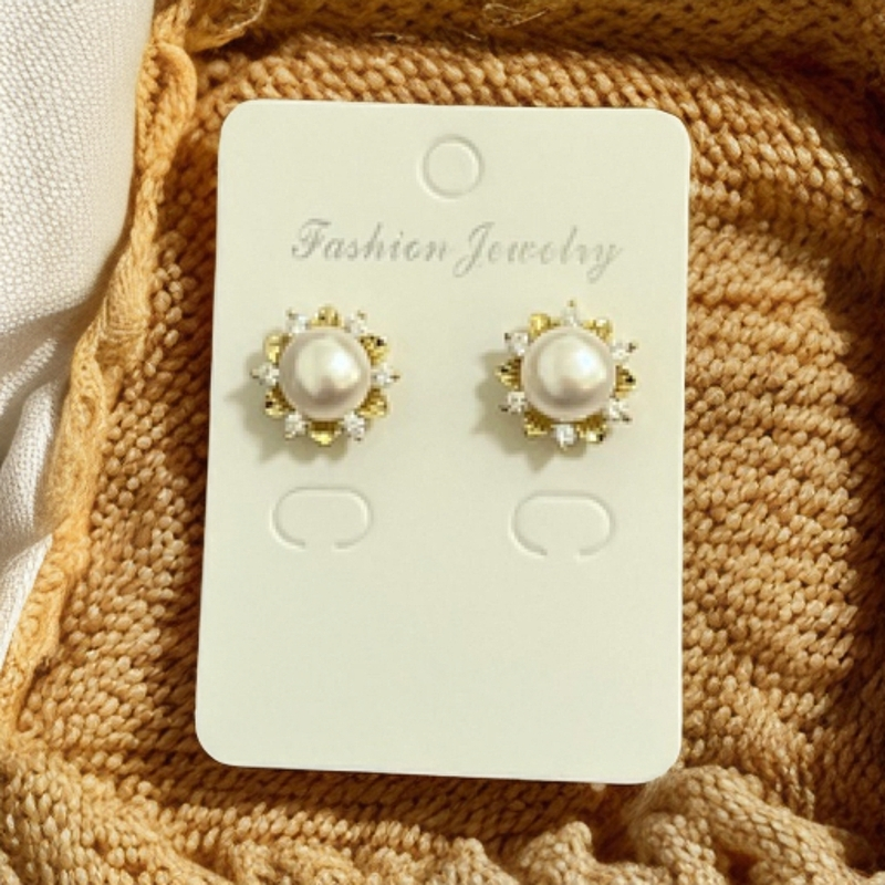 【带钻太阳花珍珠耳钉】银针天然淡水珍珠耳钉气质