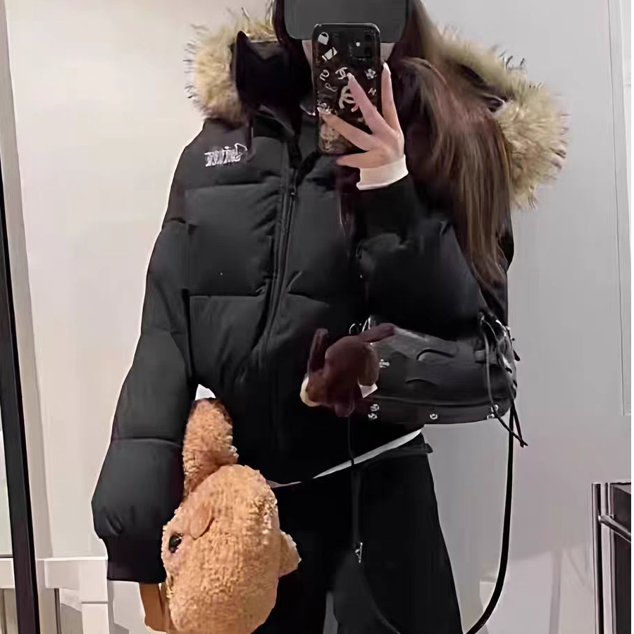 1807【衣长58】高级感韩系黑色短款连帽毛领外套女冬季加厚嘎嘎服