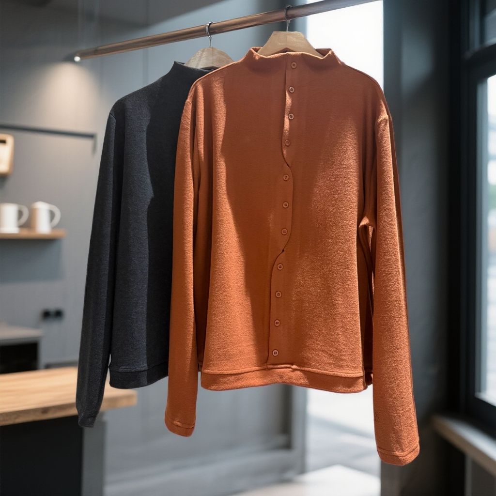 【ME双面绒T恤女】秋冬新款不规则单排扣时尚百搭立领长袖上衣潮