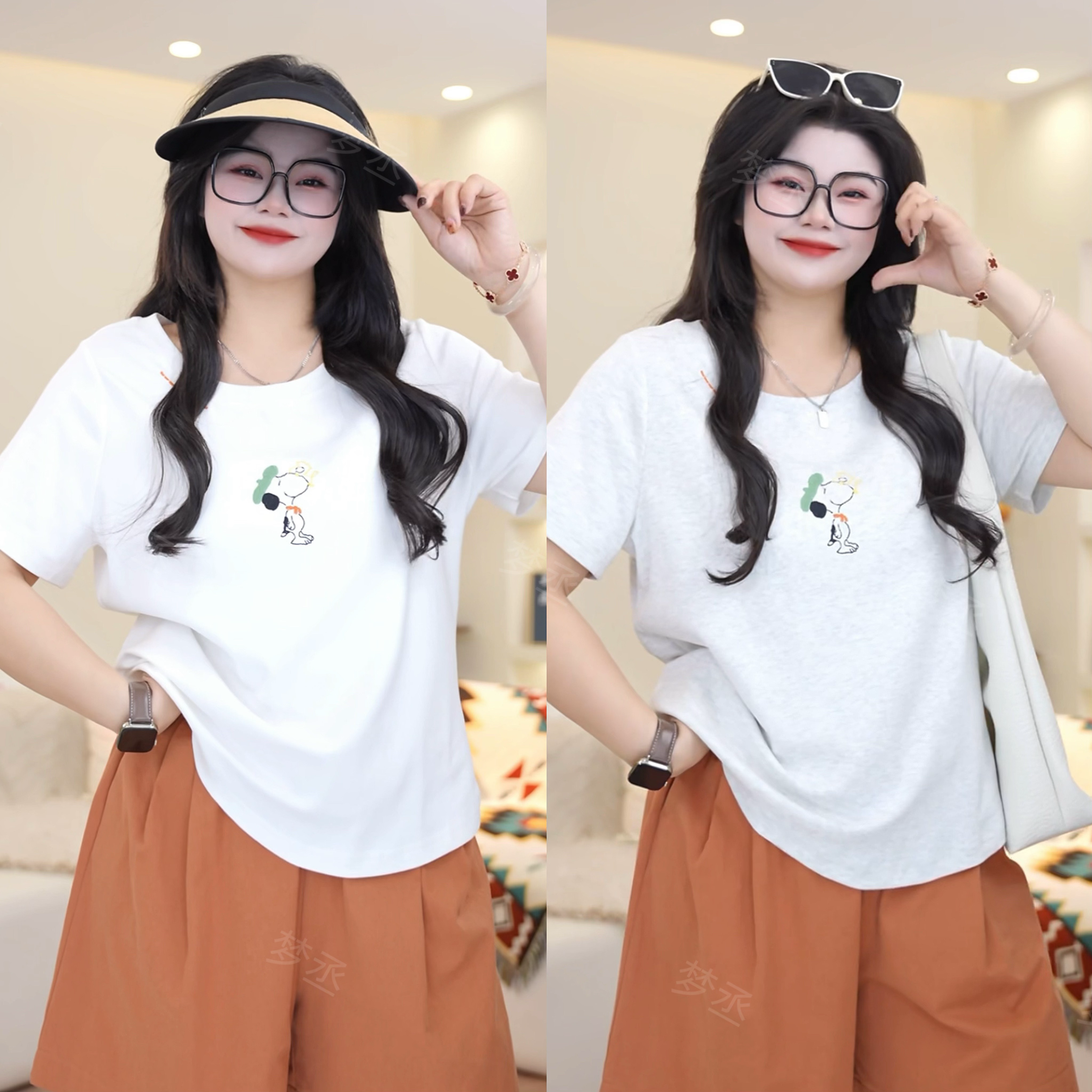 梦丞【史努比】大码女装夏季正肩圆领卡通印花简约减龄百搭短袖T恤