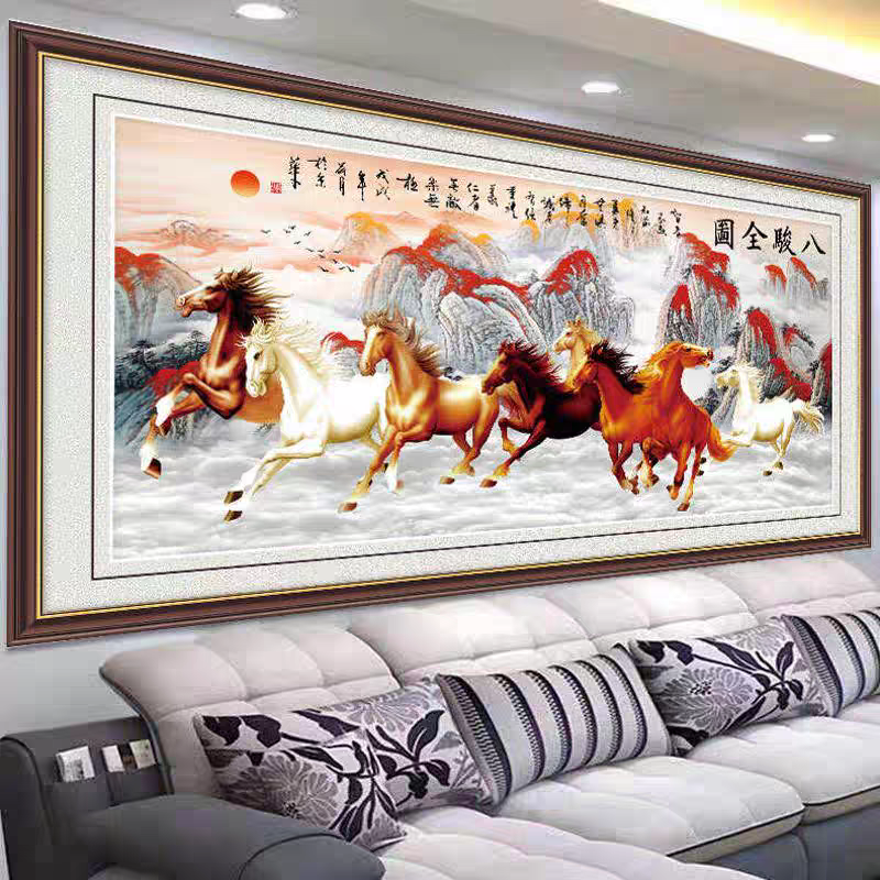 纯手工绣好的十字绣成品不带裱框八骏全图马到成功客厅办公室挂画