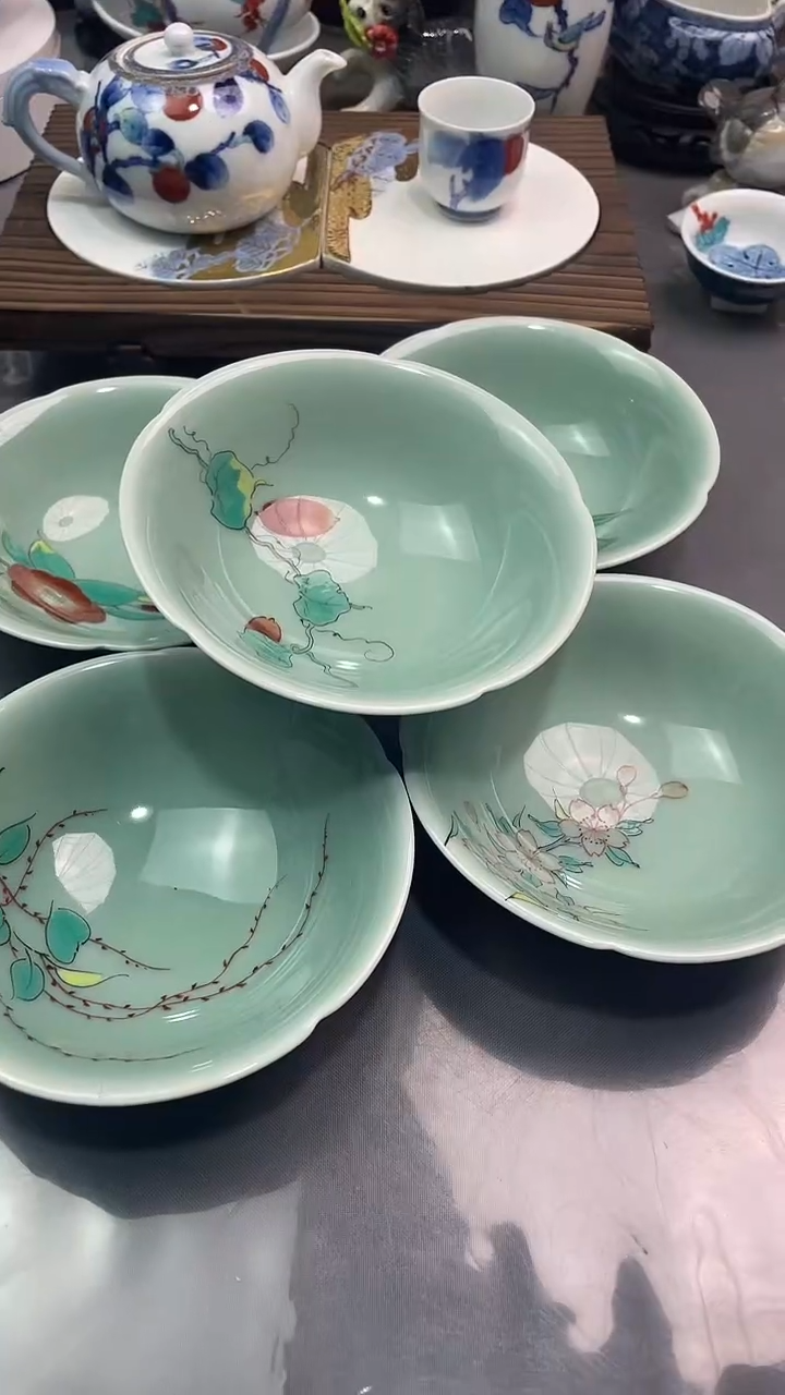 瓷片虎仙青瓷碗五件套