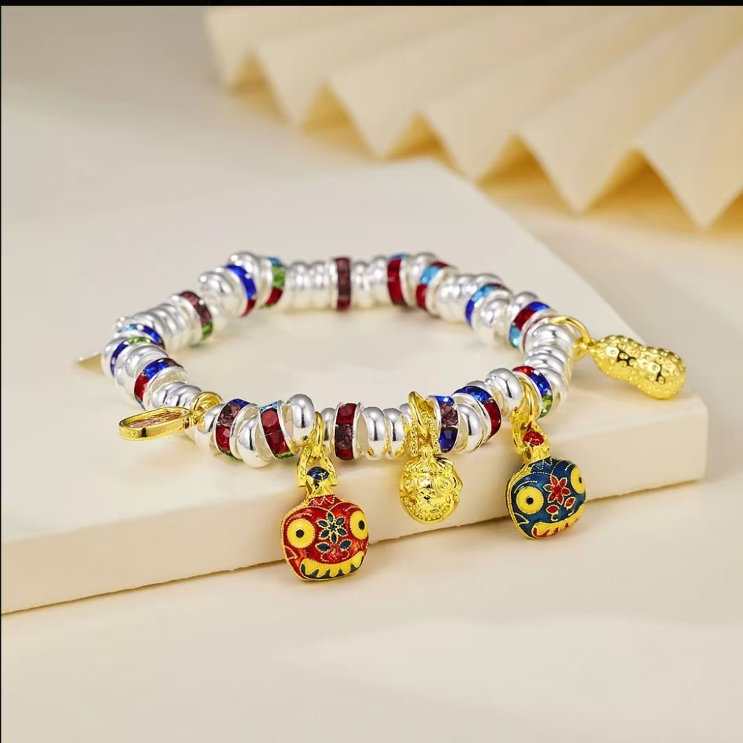 足银珐琅手链 吞金兽盘缠珐琅彩纯银手链男女款好运如意转运手串