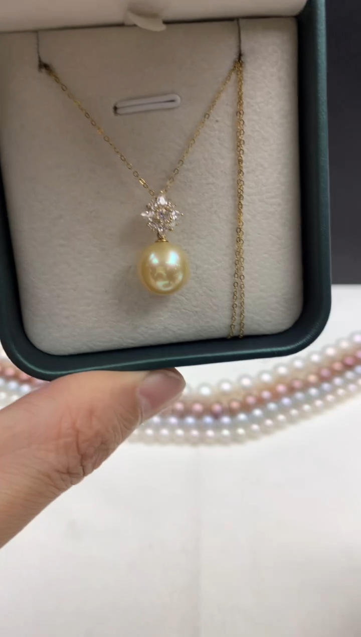 18K金镶嵌ff海水珍珠金珠吊坠(赠链）11~12mm