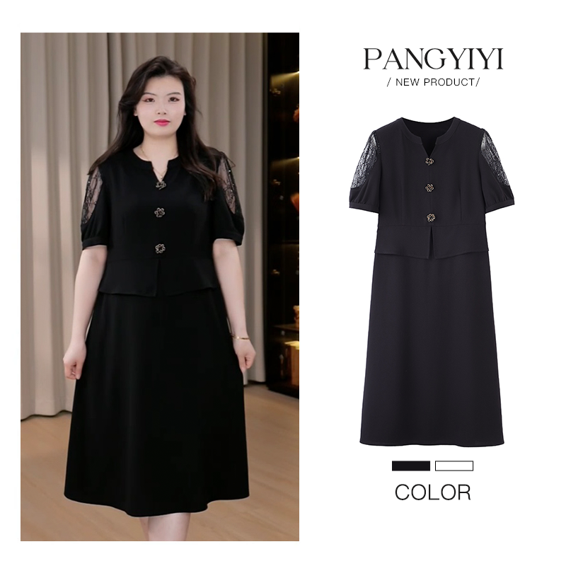 胖依依大码女装2025夏季新款气质优雅显瘦镂空假两件连衣裙250639