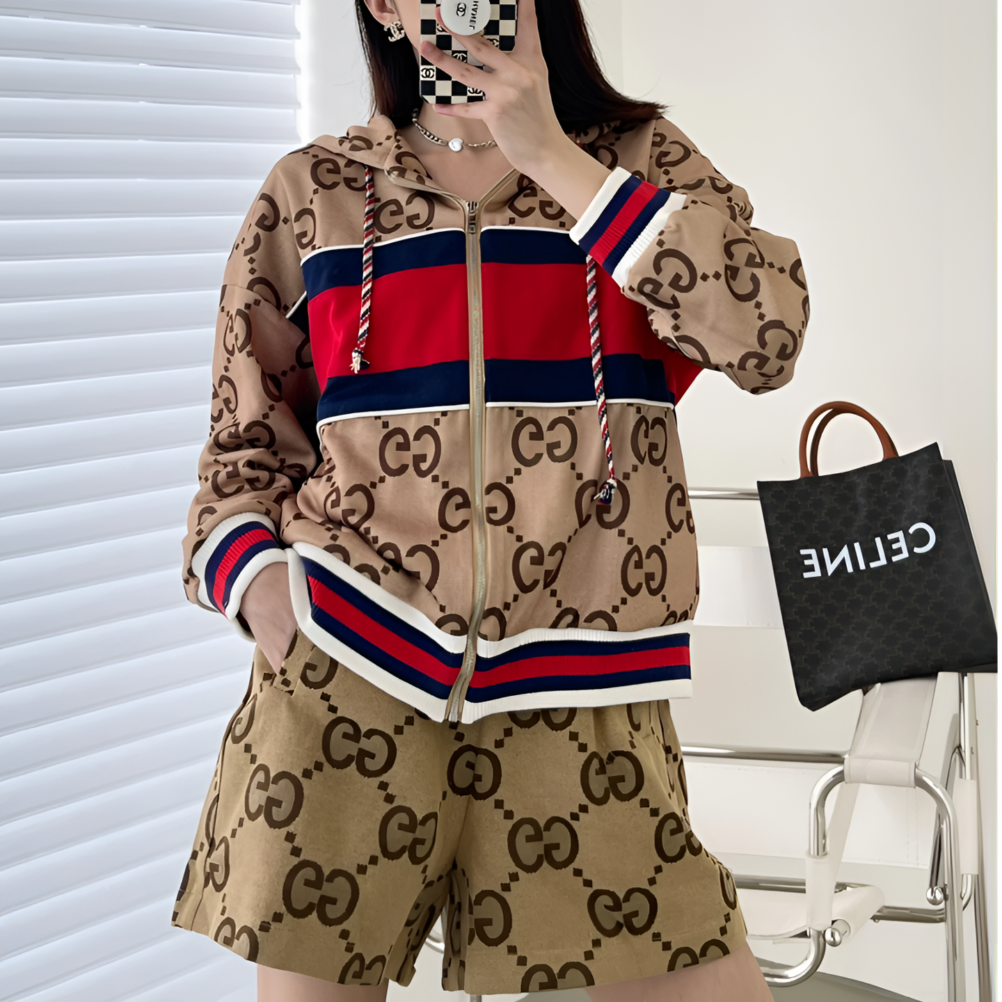 99新 GUCCI/古驰 2503187/L码/刺绣老虎logo满印针织连帽夹克
