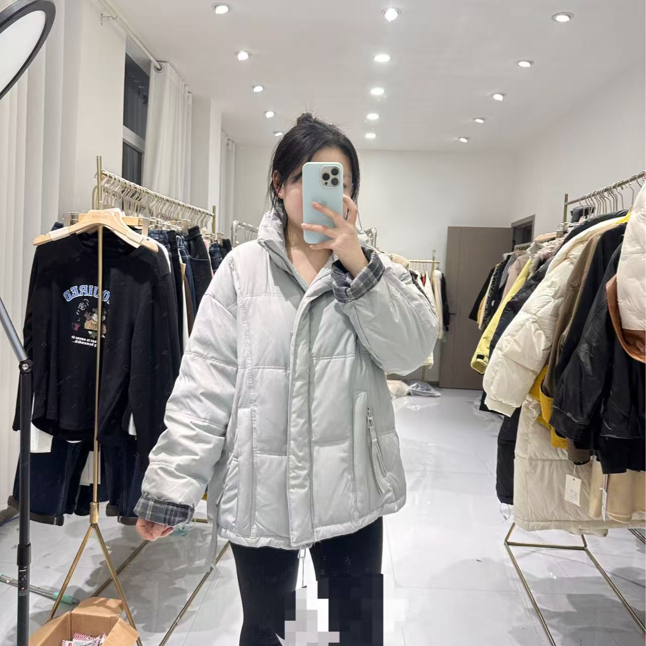 【李姑娘专属】89130拼接格子袖显瘦羽绒服外套