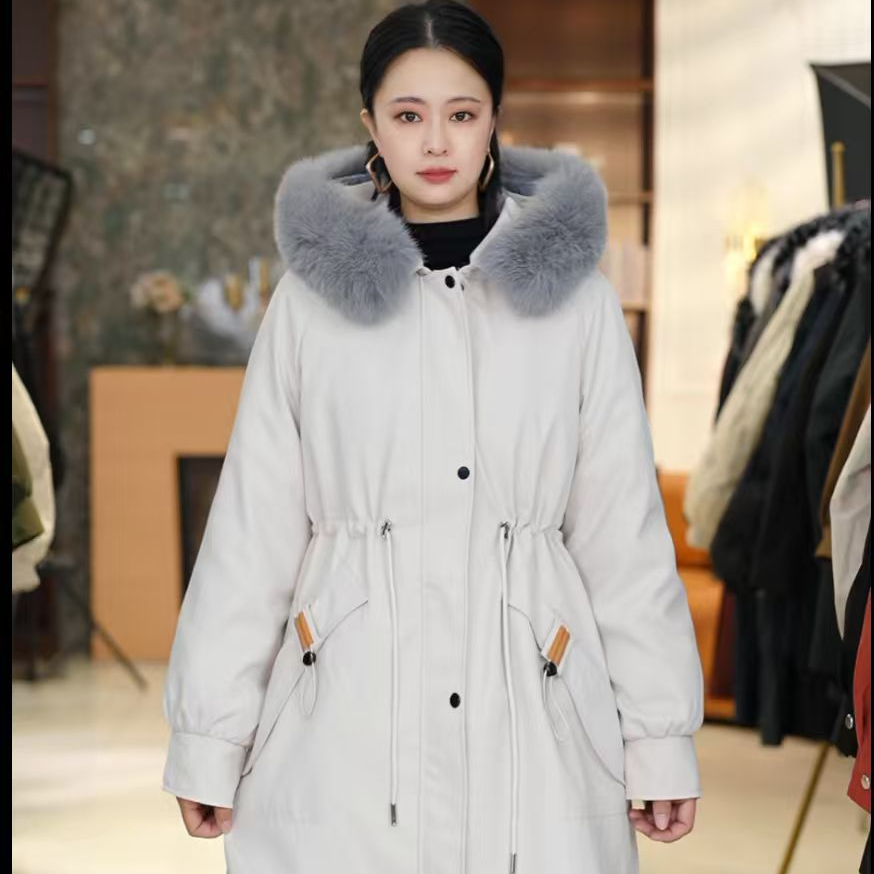 QIXI/妻姿2502-1【兔毛内胆】时尚女冬连帽毛领百搭加厚保暖派克服