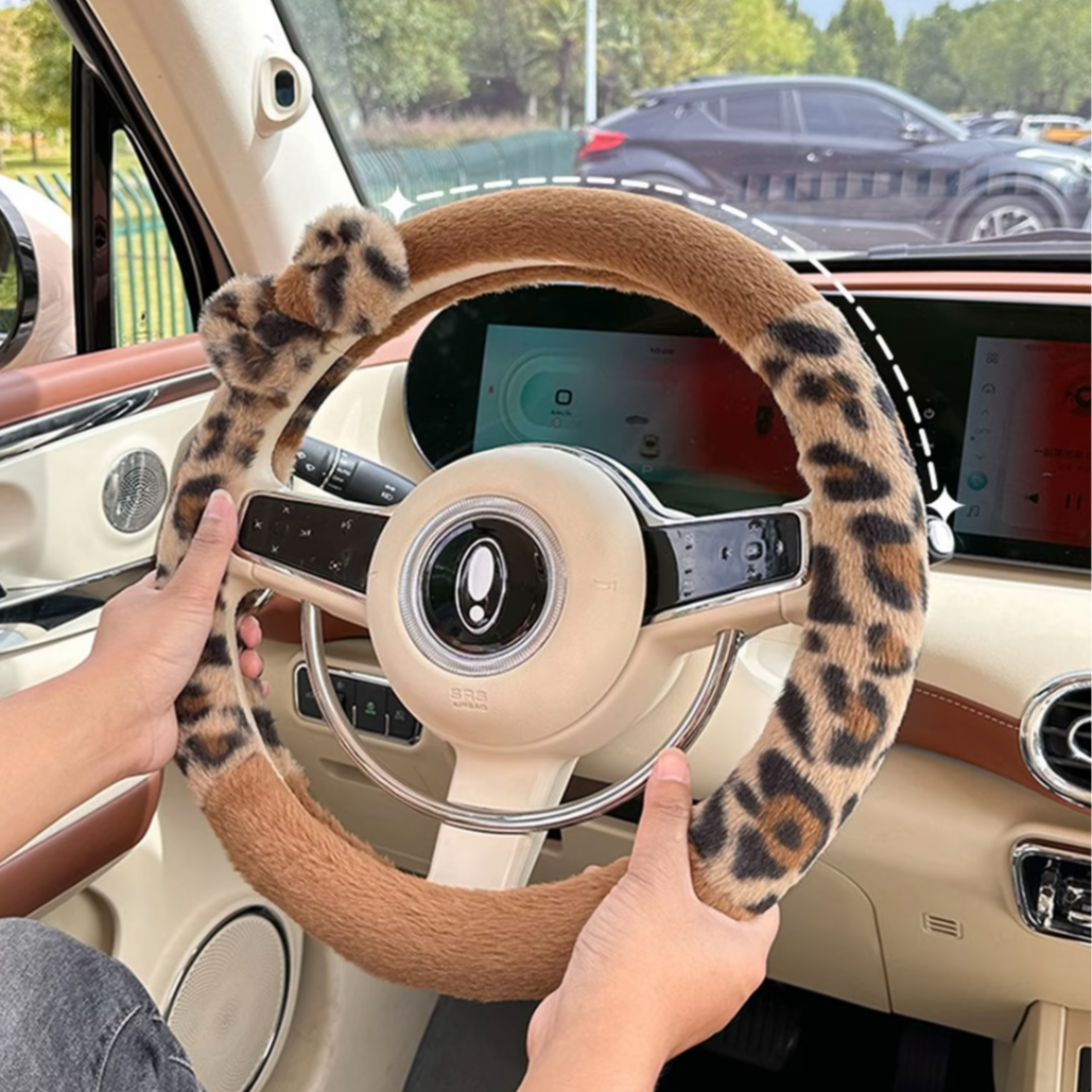 豹纹蝴蝶结冬季毛绒装饰汽车方向盘套适用于大众Pol好猫途观