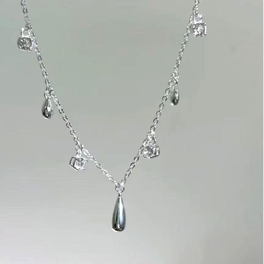 坠链均足银 990新款波西米亚锆石水滴纯银项链