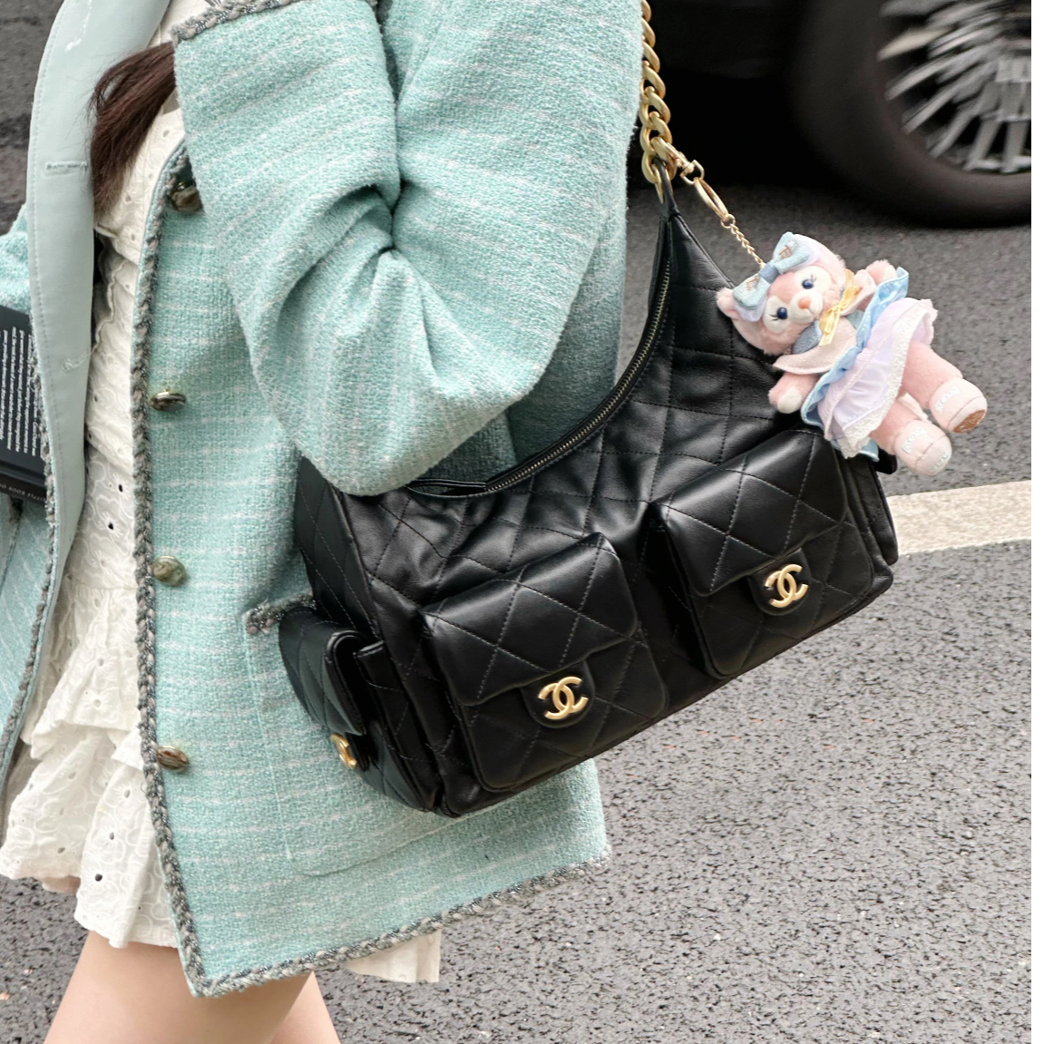 99新 Chanel/香奈儿 25C早春爆款黑色金扣Hobo嬉皮包，单肩包