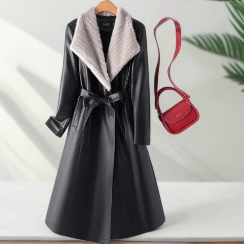 冬季新款海宁女士中长款韩版修身时尚过年加绒加厚皮衣外套8355