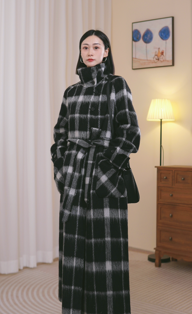 639005绵羊毛秋冬格子立领厚款双面呢大衣千鸟格中长款时尚复古