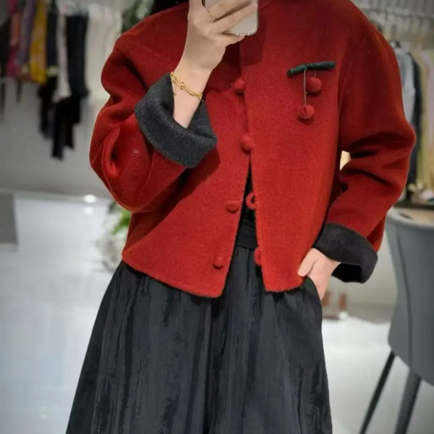 25冬季新中式纯羊毛外套卷袖散口袖国风短款新款时尚洋气百搭女装